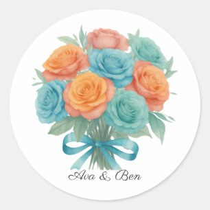 Watercolor Orange and Teal Roses Wedding Classic Round Sticker