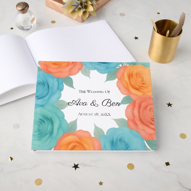 Watercolor Orange and Teal Roses Wedding Guest Book (Front Open)