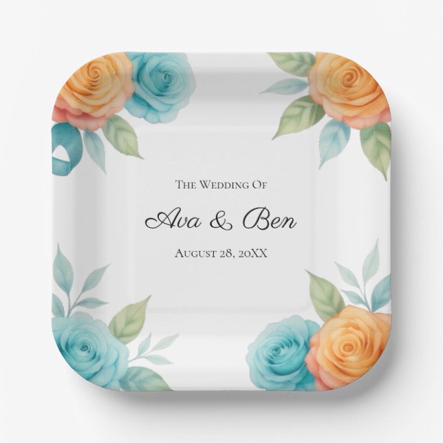 Watercolor Orange and Teal Roses Wedding Paper Plate (Front)