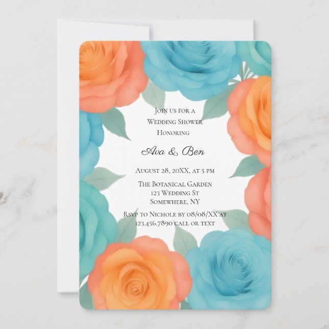 Watercolor Orange and Teal Roses Wedding Shower Invitation (Front)