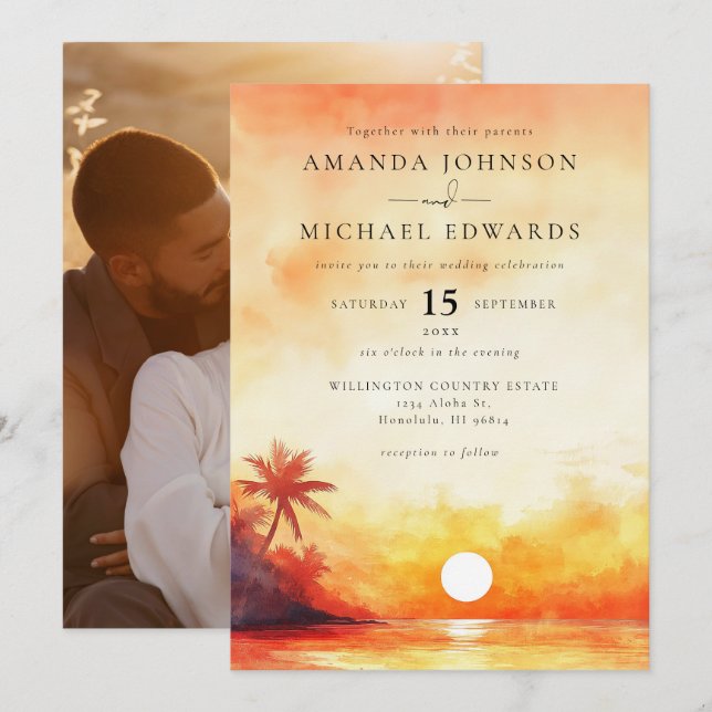 Watercolor Orange Beach Sunset Photo Wedding Invitation (Front/Back)
