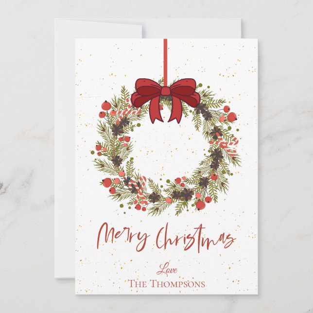 Watercolor Orange Berries Wreath Merry Christmas  Card (Front)