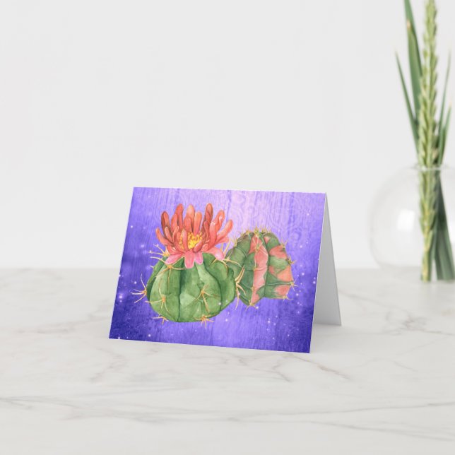 Watercolor Orange Blooming Cactus Purple Thank You Card (Front)