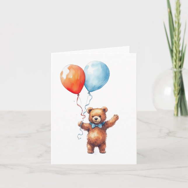Watercolor Orange & Blue Birthday Balloons Bear Card (Front)