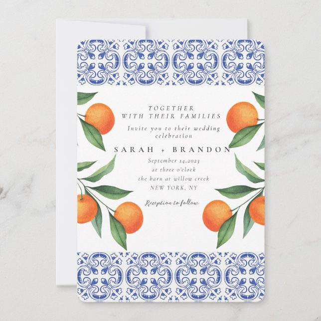 Watercolor Orange Blue tile Mediterranean Wedding Invitation (Front)