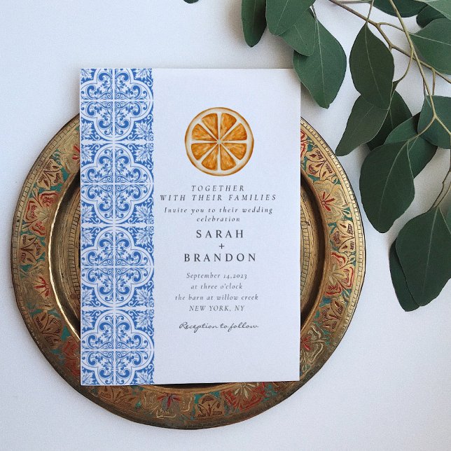 Watercolor Orange Blue tile Mediterranean Wedding Invitation (Creator Uploaded)