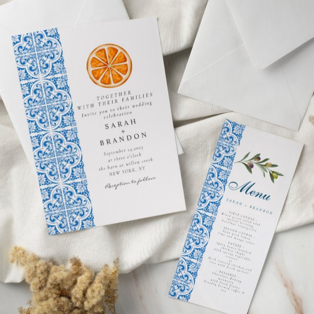 Watercolor Orange Blue tile Mediterranean Wedding Invitation (Creator Uploaded)