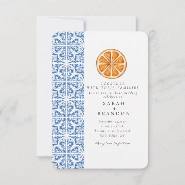 Watercolor Orange Blue tile Mediterranean Wedding Invitation (Front)
