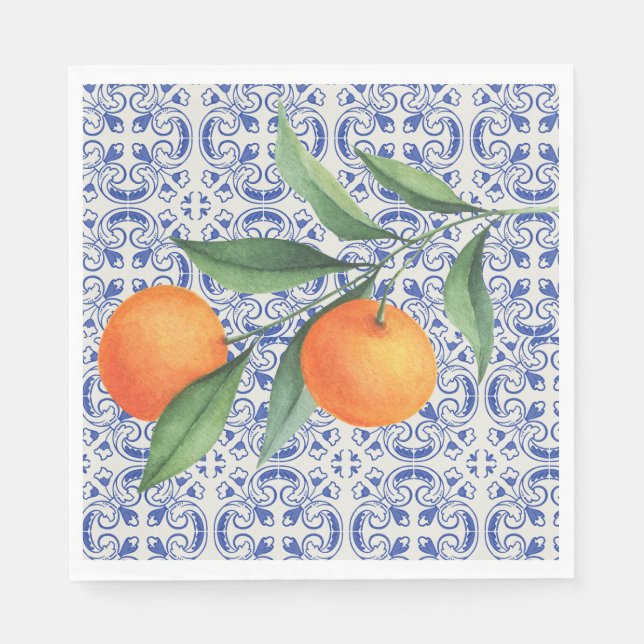 Watercolor Orange Blue tile Mediterranean Wedding Napkin (Front)