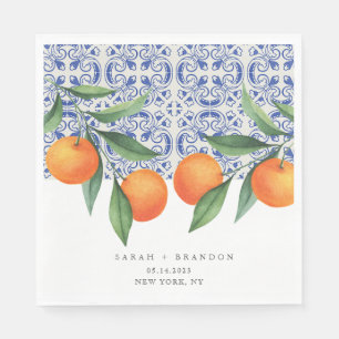 Watercolor Orange Blue tile Mediterranean Wedding Napkin