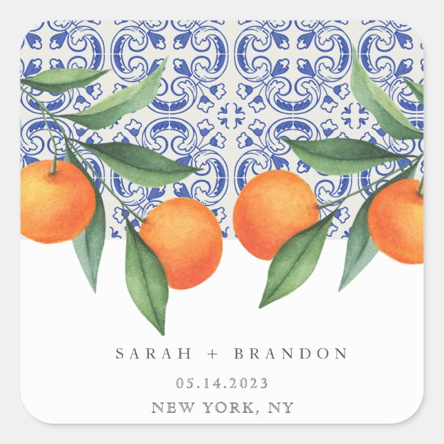 Watercolor Orange Blue tile Mediterranean Wedding Square Sticker (Front)