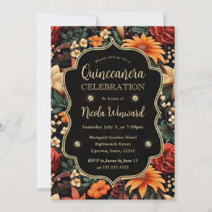 Watercolor Orange Brown Fall Leaves Quinceanera Invitation