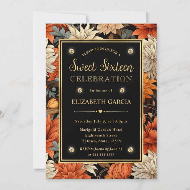 Watercolor Orange Brown Fall Leaves Sweet 16 Invitation (Front)