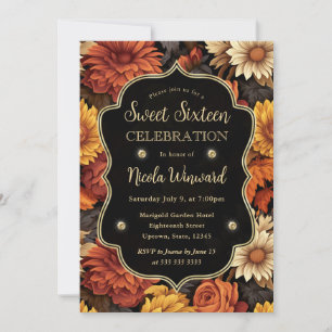 Watercolor Orange Brown Fall Leaves Sweet 16 Invitation