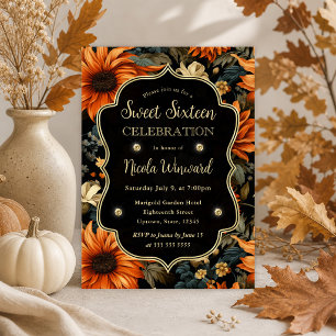 Watercolor Orange Brown Fall Leaves Sweet 16 Invitation