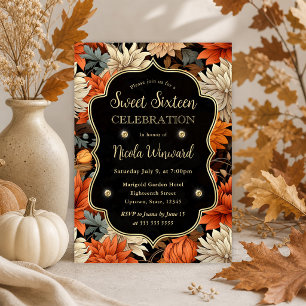 Watercolor Orange Brown Fall Leaves Sweet 16 Invitation