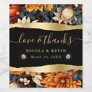 Watercolor Orange Brown Fall Leaves Wedding Wine Label