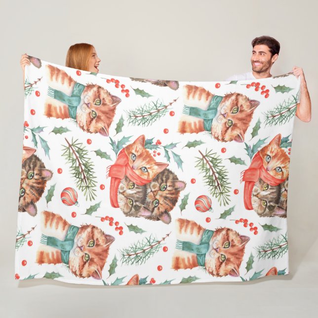 WATERCOLOR ORANGE & BROWN TABBY CAT FACES FLEECE BLANKET (In Situ)