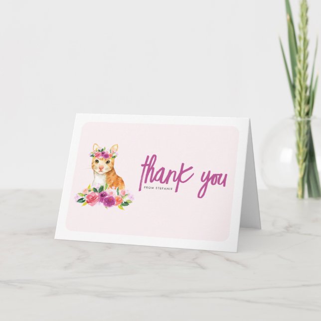 Watercolor Orange Cat ands Purple Floral Birthday Thank You Card (Front)