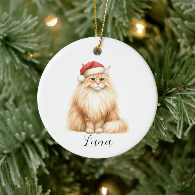 Watercolor Orange Cat in Santa Hat Ornament (Tree)