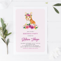 Watercolor Orange Cat Purple Flowers Birthday