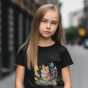 Watercolor Orange Cat with Flowers T-Shirt