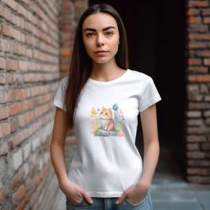 Watercolor Orange Cat with Flowers T-Shirt