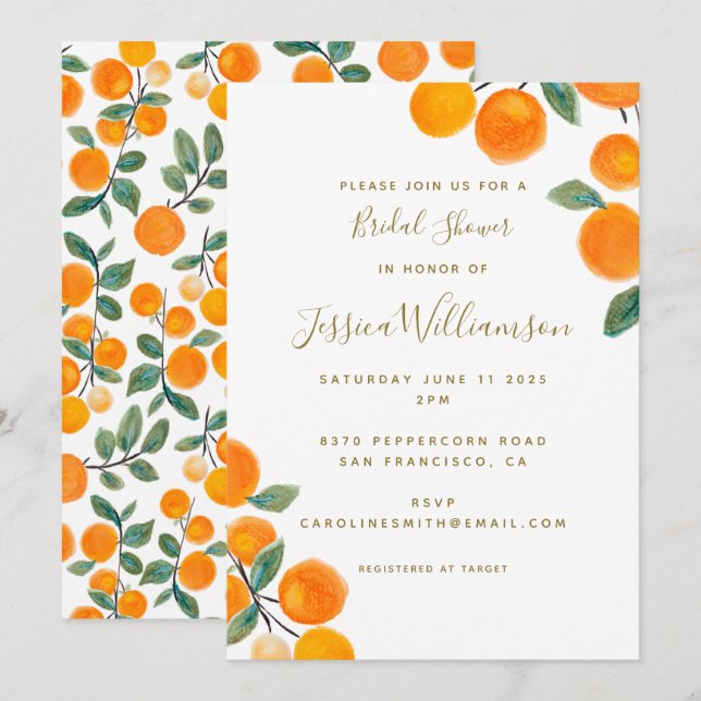 Watercolor Orange Citrus Fruit Bridal Shower  Invitation (Front/Back)