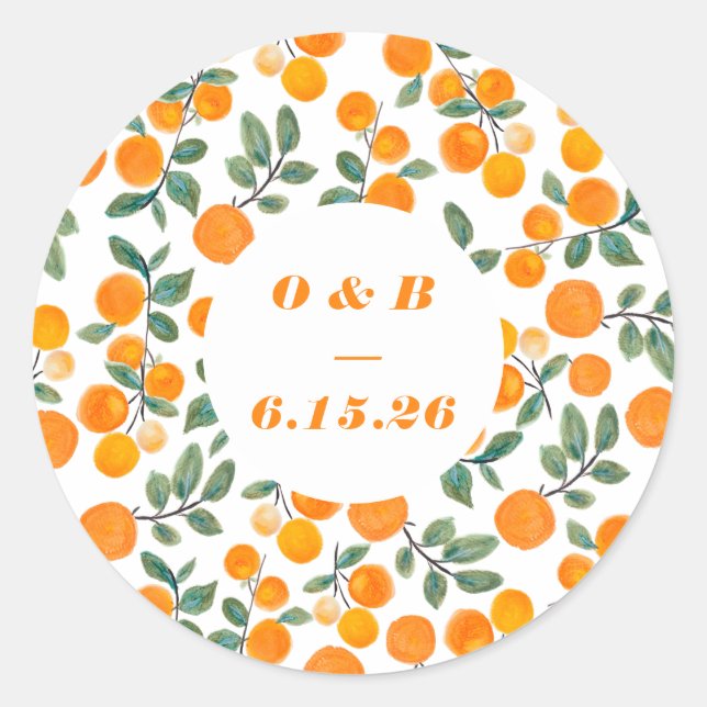 Watercolor Orange Citrus Monogrammed Wedding Classic Round Sticker (Front)