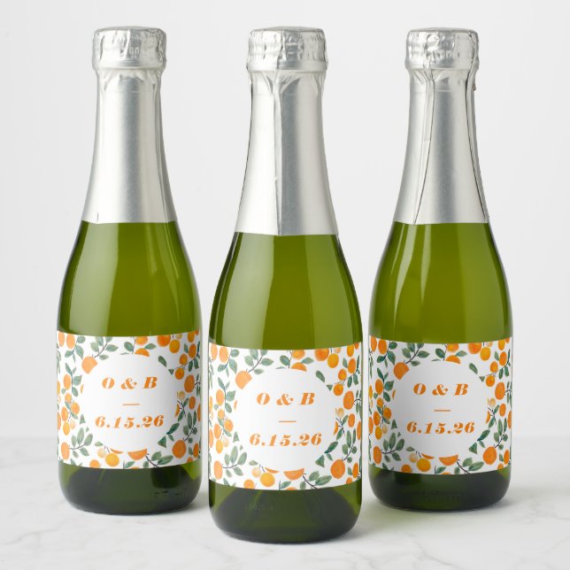 Watercolor Orange Citrus Monogrammed Wedding  Sparkling Wine Label (Bottles)
