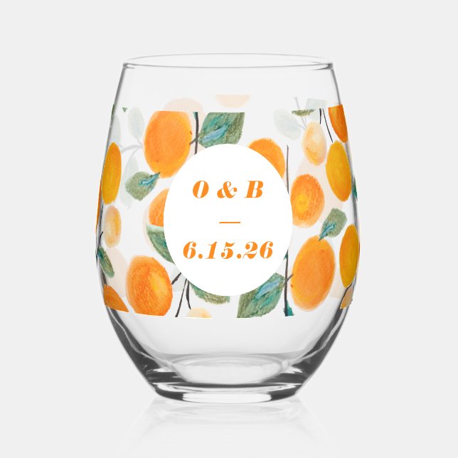 Watercolor Orange Citrus Monogrammed Wedding  Stemless Wine Glass (Front)