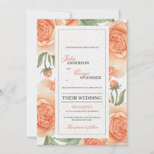 Watercolor orange coral flowers floral wedding invitation