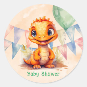 Watercolor Orange Dinosaur Flags Boy Baby Shower Classic Round Sticker