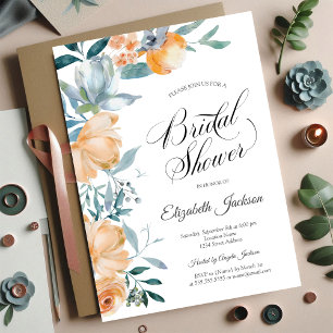 Watercolor Orange Dusty Blue Flowers Bridal Shower Invitation