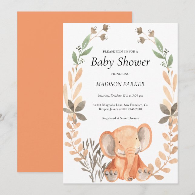 Watercolor Orange Elephant Invitation (Front/Back)
