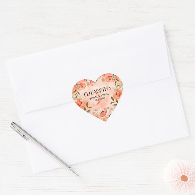 Watercolor Orange Floral Bridal Shower Heart Sticker (Envelope)
