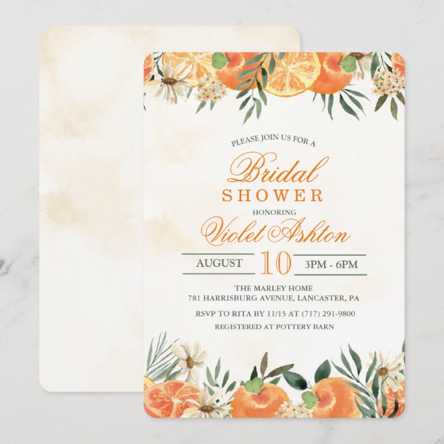 Watercolor Orange Floral Bridal Shower Invitation (Front/Back)