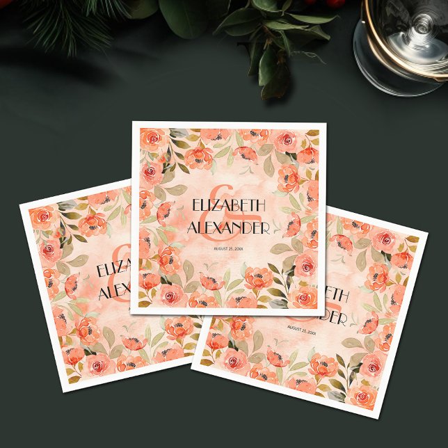 Watercolor Orange Floral Bridal Shower Napkin (Watercolor Orange Floral Cocktail Napkins)