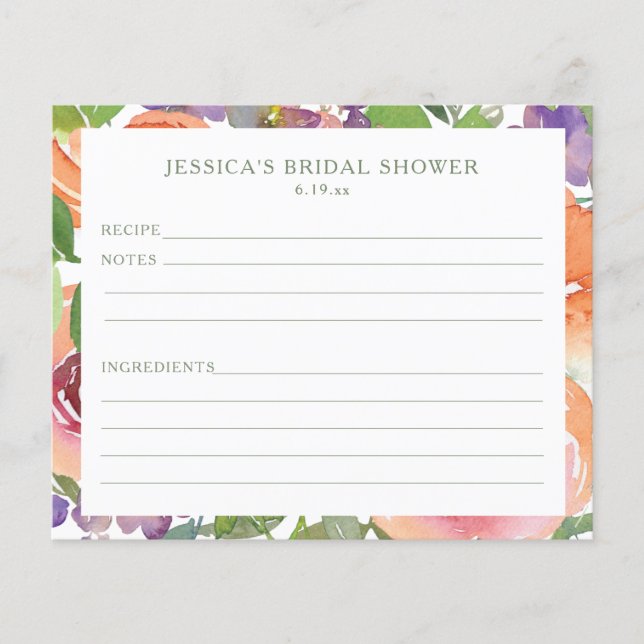Watercolor Orange Floral Bridal Shower Recipe Card (Front)