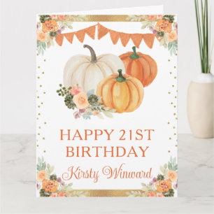 Watercolor Orange Floral Pumpkins Birthday Card