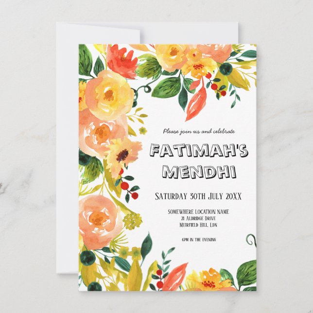 Watercolor Orange Floral Rustic Boho Wedding Invitation (Front)