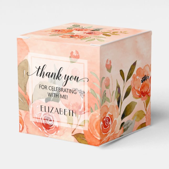 Watercolor Orange Floral Square Party Favour Box (Front Side)