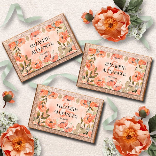 Watercolor Orange Floral Wedding Rectangular Sticker (Watercolor Orange Floral Wedding Rectangular Stickers 4.5" x 2.7")
