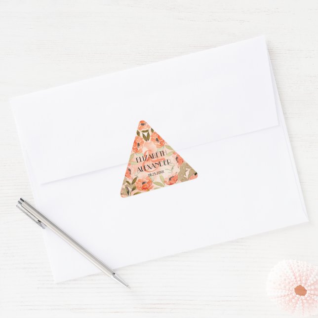 Watercolor Orange Floral Wedding Triangle Sticker (Envelope)