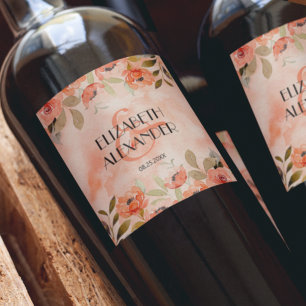 Watercolor Orange Floral Wedding Wine Label