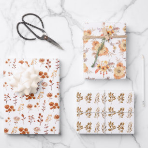 Watercolor Orange Flower Floral Leaves Boho Wrapping Paper Sheet