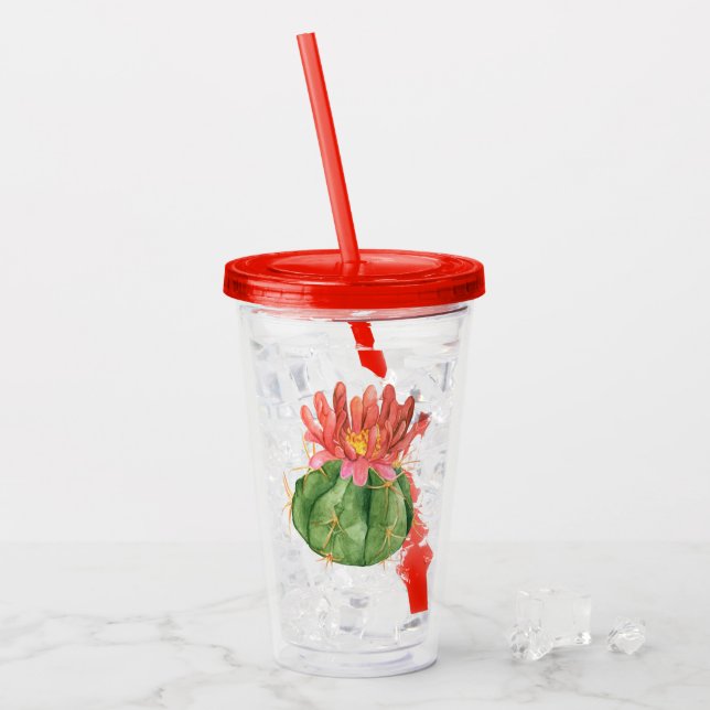 Watercolor Orange Flowering Cactus Acrylic Tumbler (Front Ice)