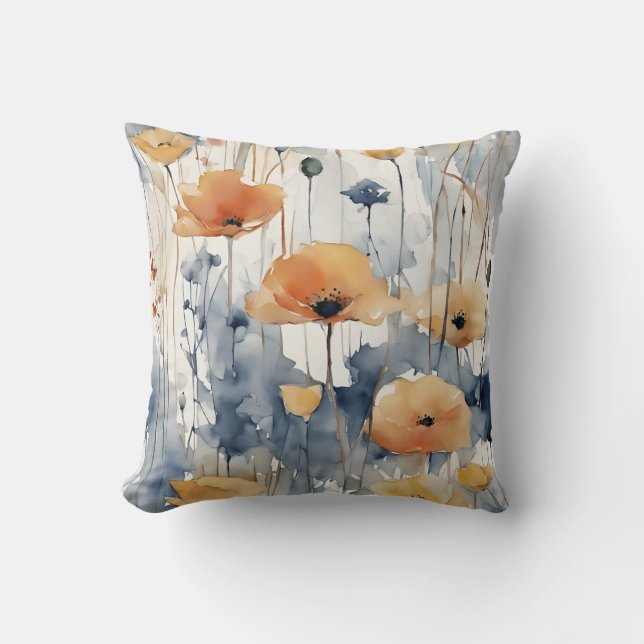 Watercolor Orange Flowers Blue Indigo Design 347 Cushion (Front)