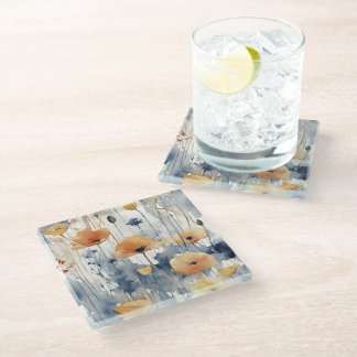 Watercolor Orange Flowers Blue Indigo Design 347 Glass Coaster