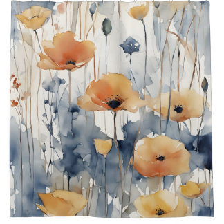 Watercolor Orange Flowers Blue Indigo Design 347 Shower Curtain